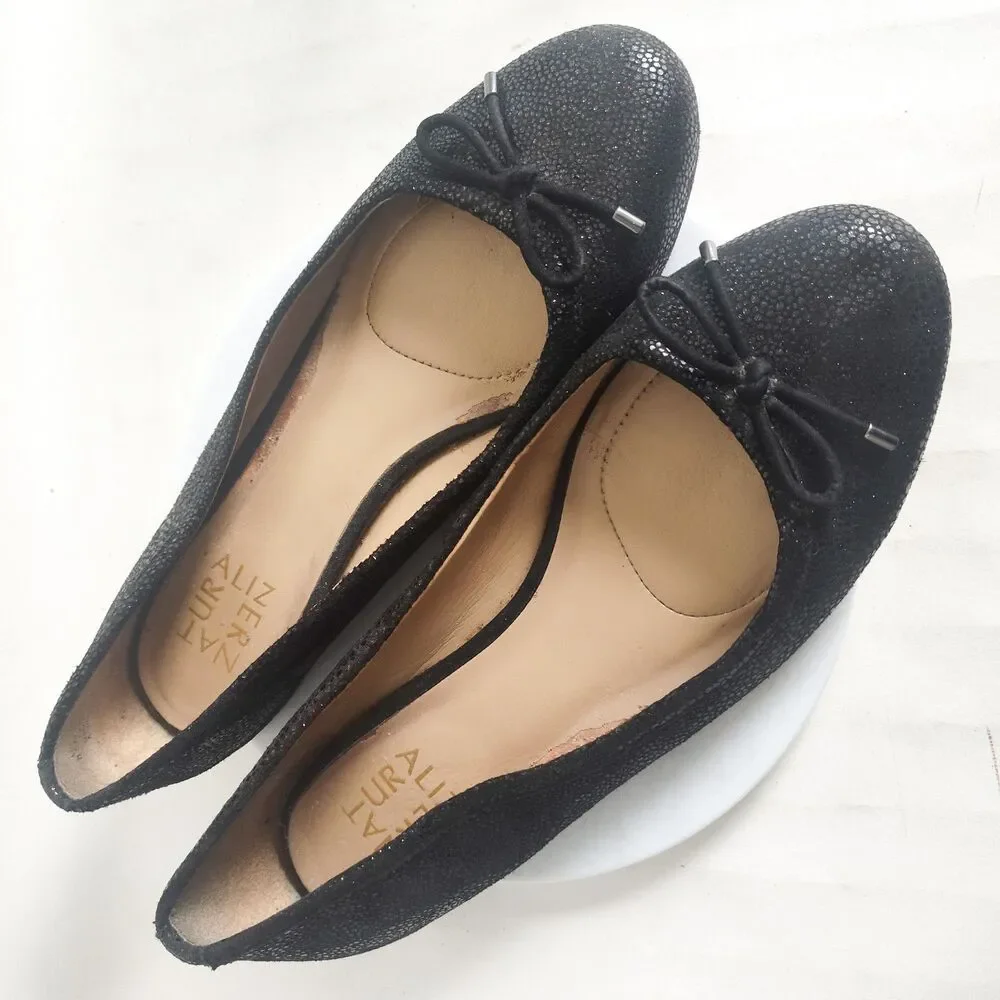 Naturalizer Sparkly Snakeskin Leather Ballet Comfort‎ Flats Size 8.5 Black Bow